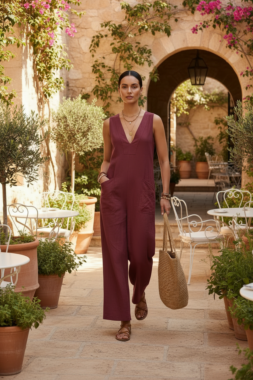 A woman stands in a sunlit stone courtyard wearing a sleeveless burgundy wide-leg jumpsuit, holding a woven straw tote bag. The setting features potted plants, white patio chairs, and a stone archway in the background.