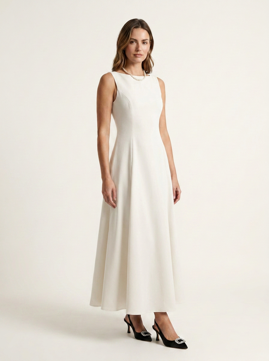 A woman modeling a sleeveless, off-white A-line maxi dress with a high neckline, paired with black pointed-toe heels, against a plain light beige studio background.