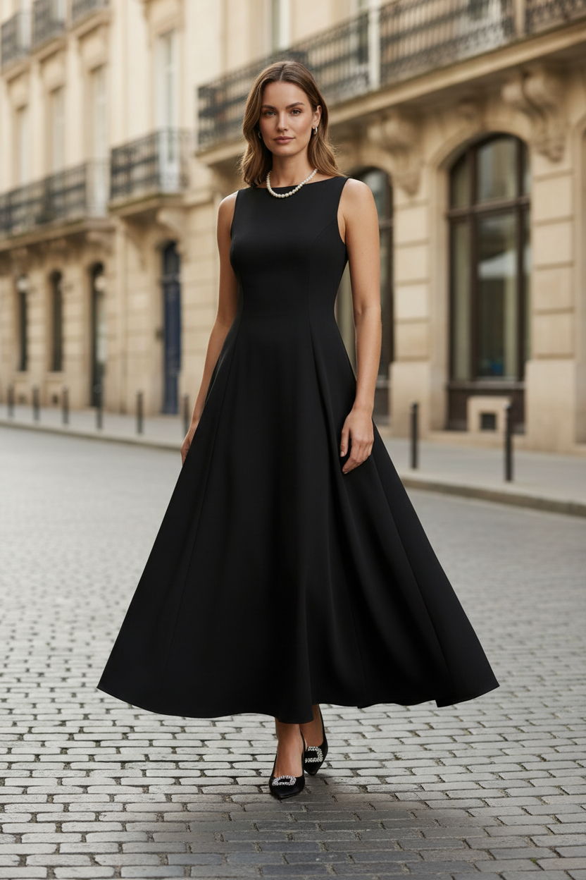 A woman wearing a sleeveless black midi dress with a structured bodice and flared skirt, walking on a cobblestone street in front of a beige building.