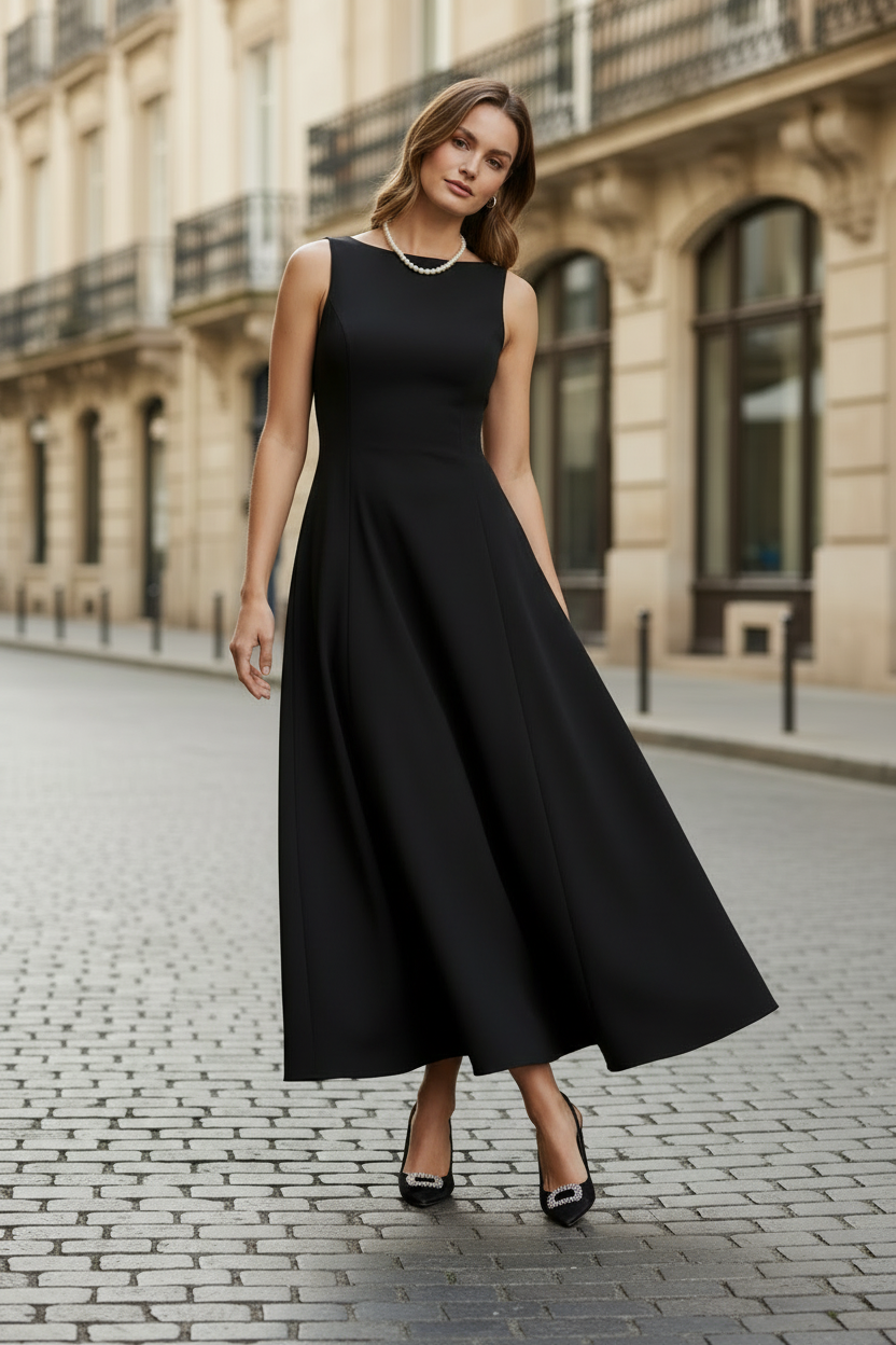 A woman stands on a cobblestone street wearing a sleeveless black midi dress with a fitted bodice and full skirt, paired with black pointed heels and a pearl necklace. The background shows a blurred beige stone building.