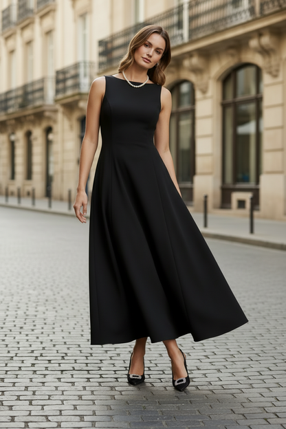 A woman stands on a cobblestone street wearing a sleeveless black midi dress with a fitted bodice and full skirt, paired with black pointed heels and a pearl necklace. The background shows a blurred beige stone building.
