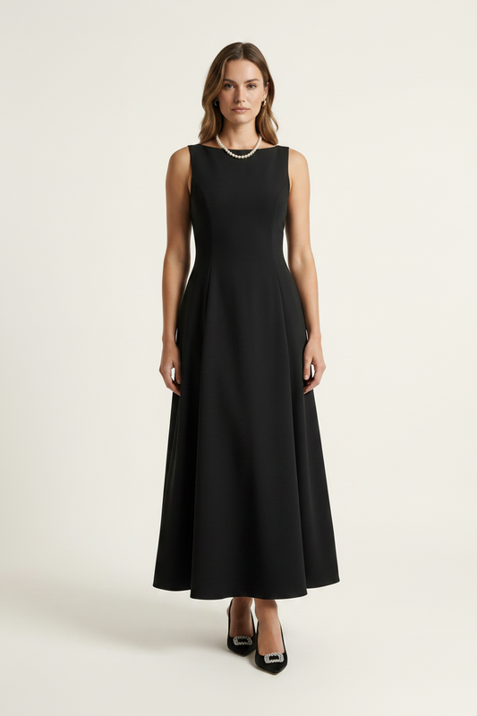 A woman modeling a sleeveless black midi dress with a fitted bodice and flared skirt, paired with black pointed-toe heels, against a plain light beige studio background.