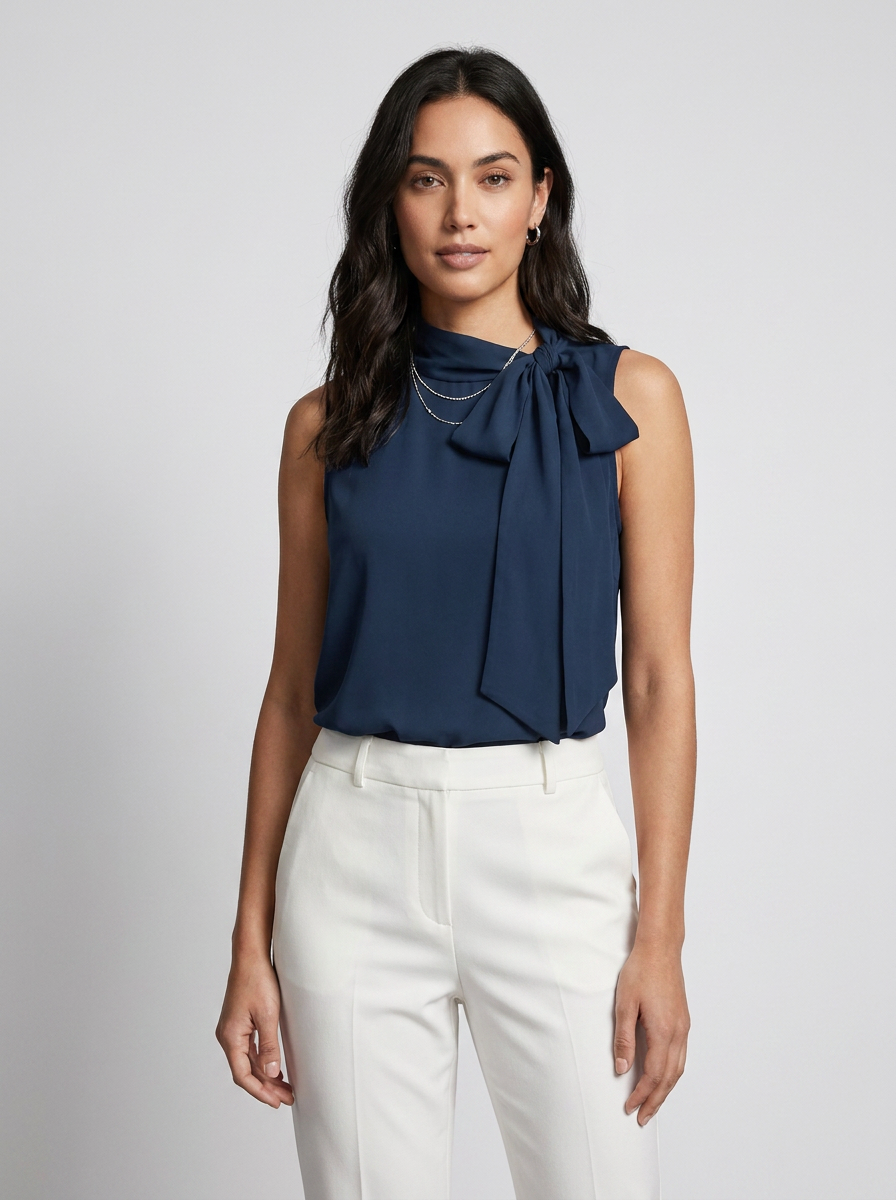 A woman modeling a sleeveless navy blue blouse with a large bow detail at the collar, paired with white trousers, against a light gray studio background.