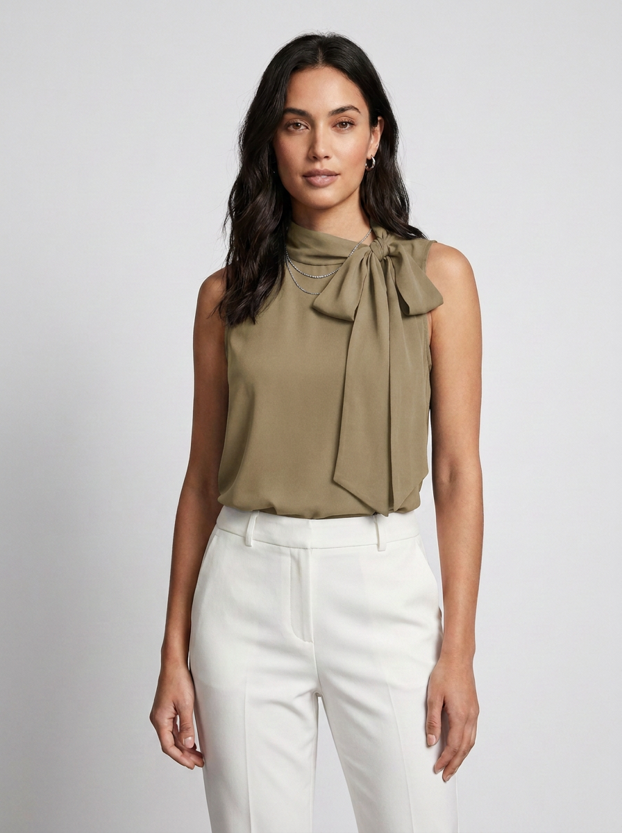 Sleeveless Satin Blouse with Sophisticated Side-Tie Bow in Khaki, studio shot