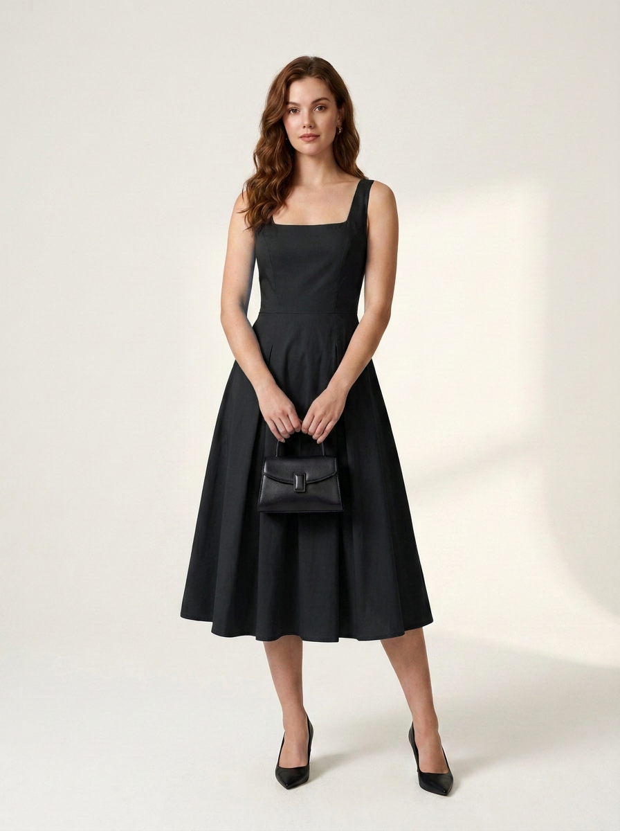 A woman modeling a black sleeveless midi dress with a square neckline and flared skirt, holding a small black handbag against a clean off-white studio background.