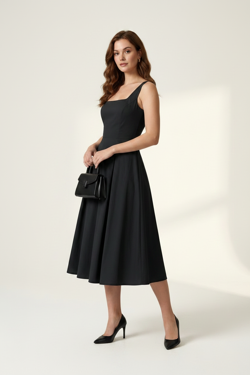A woman modeling a black sleeveless midi dress with a square neckline and flared skirt, holding a small black handbag against a clean off-white studio background.