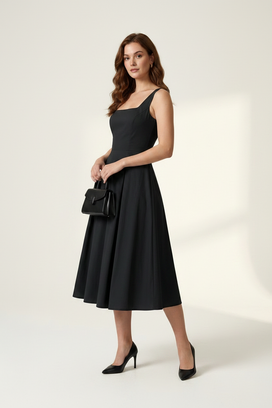 A woman modeling a black sleeveless midi dress with a square neckline and flared skirt, holding a small black handbag against a clean off-white studio background.