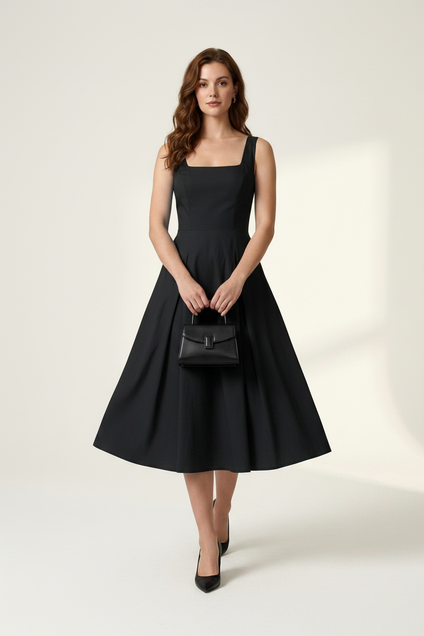 A woman modeling a black sleeveless midi dress with a square neckline and flared skirt, holding a small black handbag against a clean off-white studio background.
