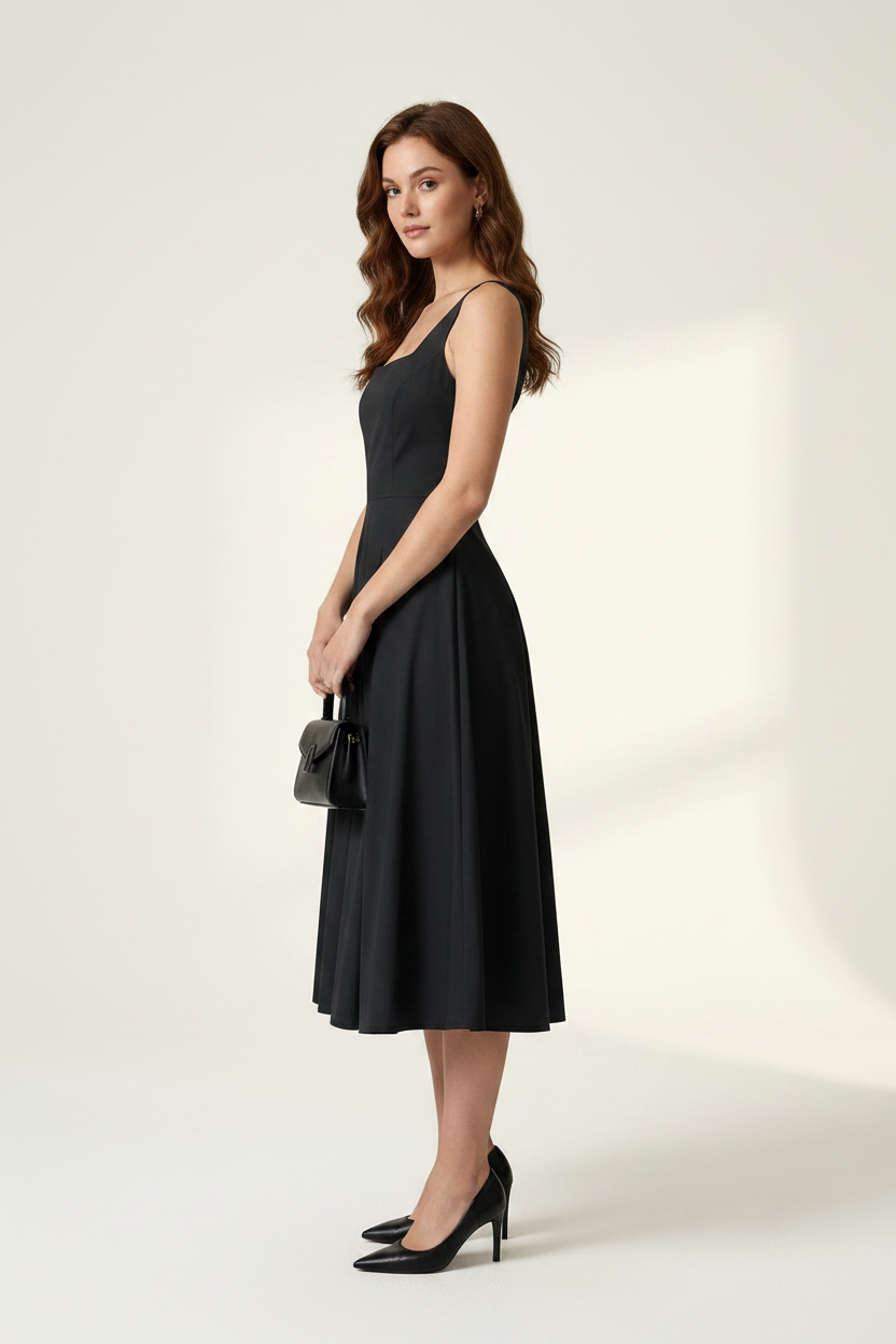 A woman modeling a black sleeveless midi dress with a square neckline and flared skirt, holding a small black handbag against a clean off-white studio background.