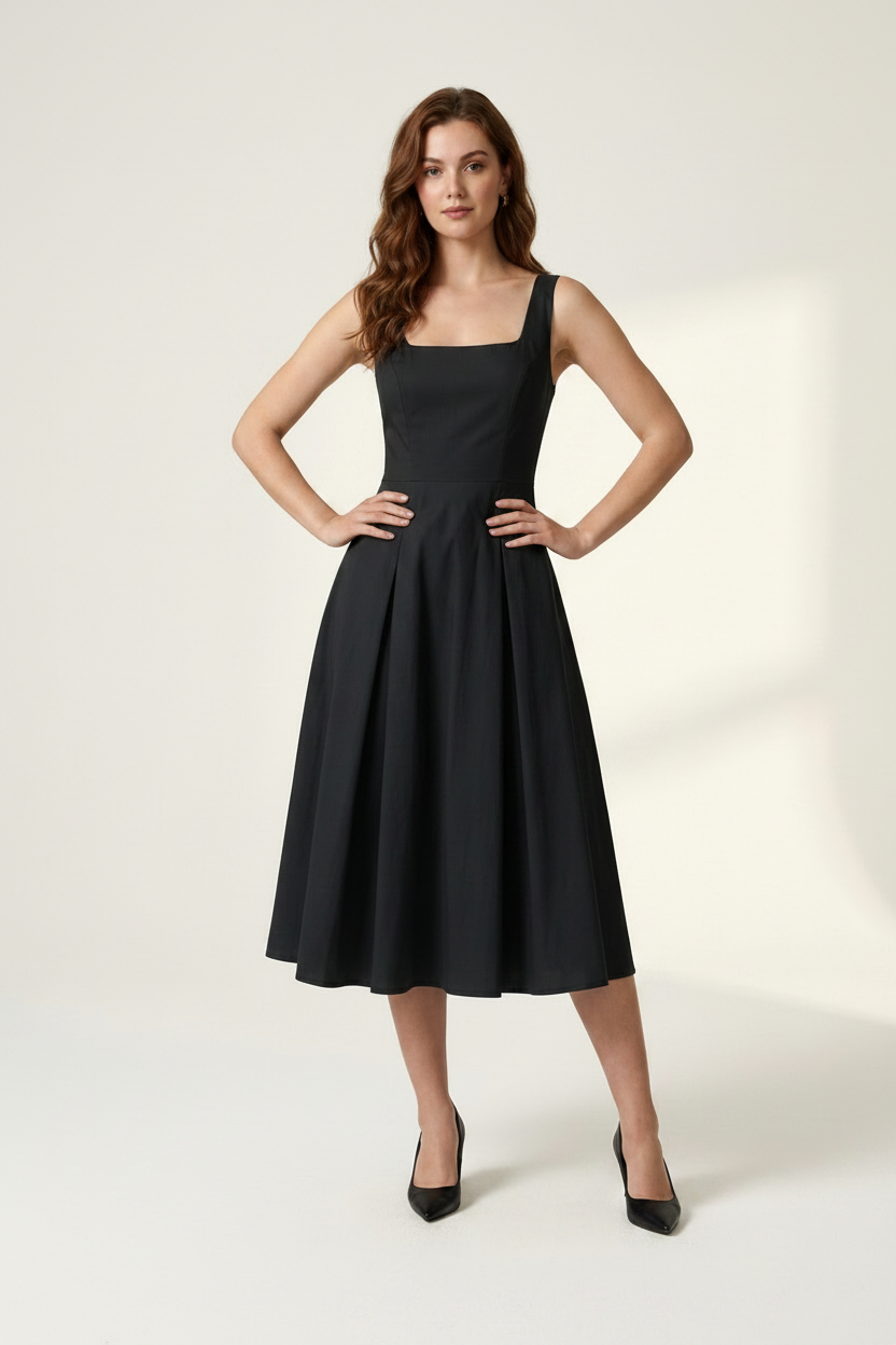 A woman modeling a black sleeveless midi dress with a square neckline and flared skirt, holding a small black handbag against a clean off-white studio background.