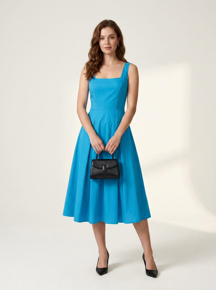 A woman modeling a bright turquoise blue midi dress with a square neckline and flared skirt, holding a small black handbag. She is wearing black pointed-toe heels against a clean, off-white studio background.