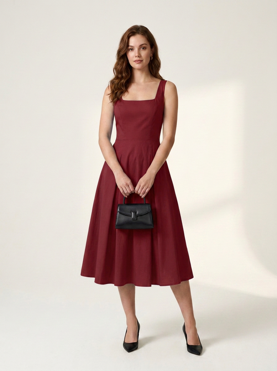 A woman modeling a sleeveless, square-neck, A-line midi dress in deep burgundy, holding a small black handbag and wearing black heels, set against a warm off-white studio background.