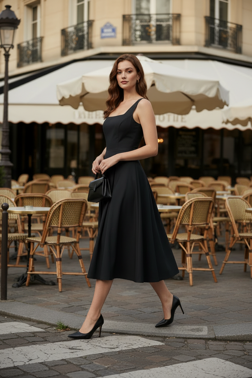 A woman stands on a Parisian-style outdoor cafe sidewalk wearing a sleeveless black midi dress, holding a small black handbag, with cafe chairs and tables and a building facade in the background.