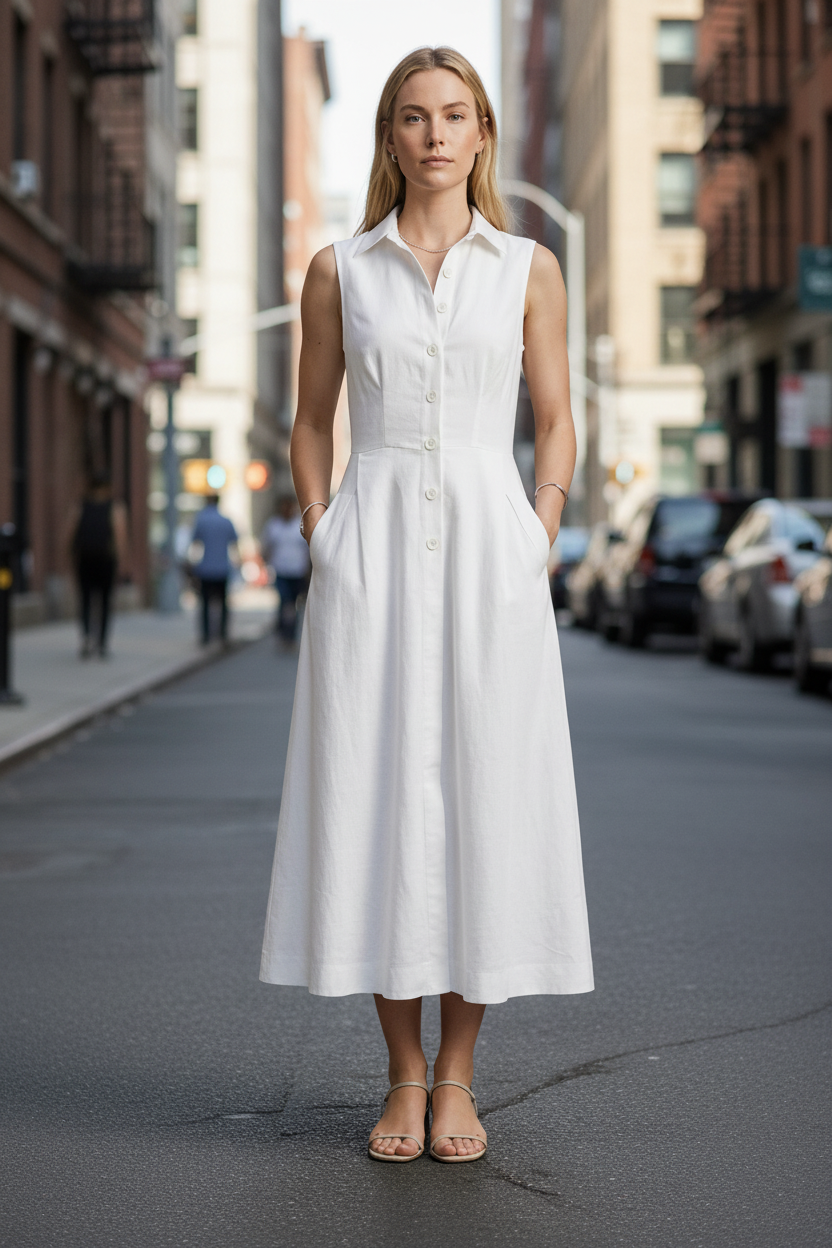 A woman stands in a studio wearing a sleeveless white midi shirt dress with a button front and side pockets, paired with beige strappy sandals against a light gray background.