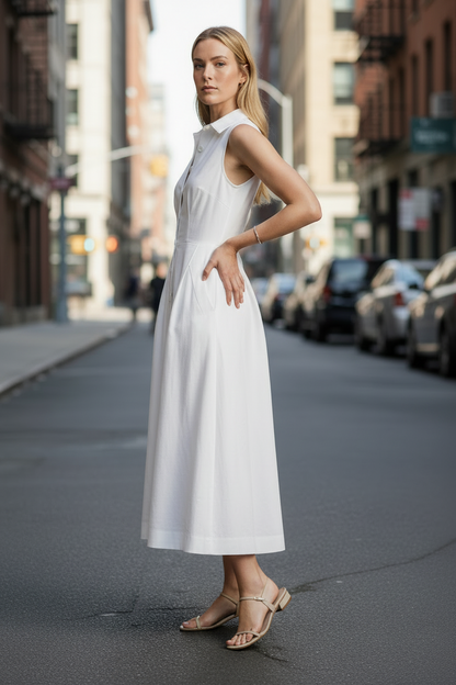 A woman stands on a city street wearing a sleeveless white midi dress with a button-front bodice, collar, and full skirt. The background shows blurred buildings, parked cars, and pedestrians.