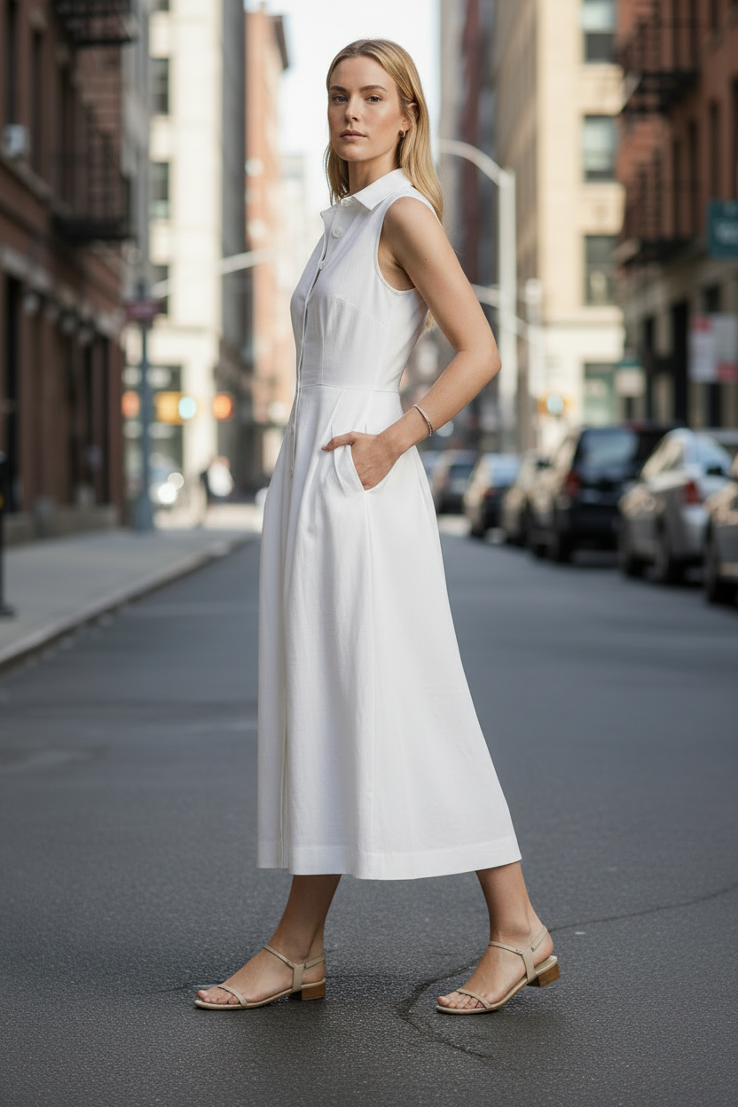 A woman stands on a city street wearing a sleeveless white midi dress with a button-front bodice, collar, and full skirt. The background shows blurred buildings, parked cars, and pedestrians.