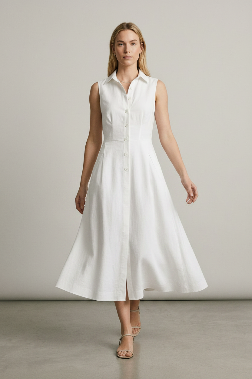 A woman stands in a studio wearing a sleeveless white midi shirt dress with a button front and side pockets, paired with beige strappy sandals against a light gray background.