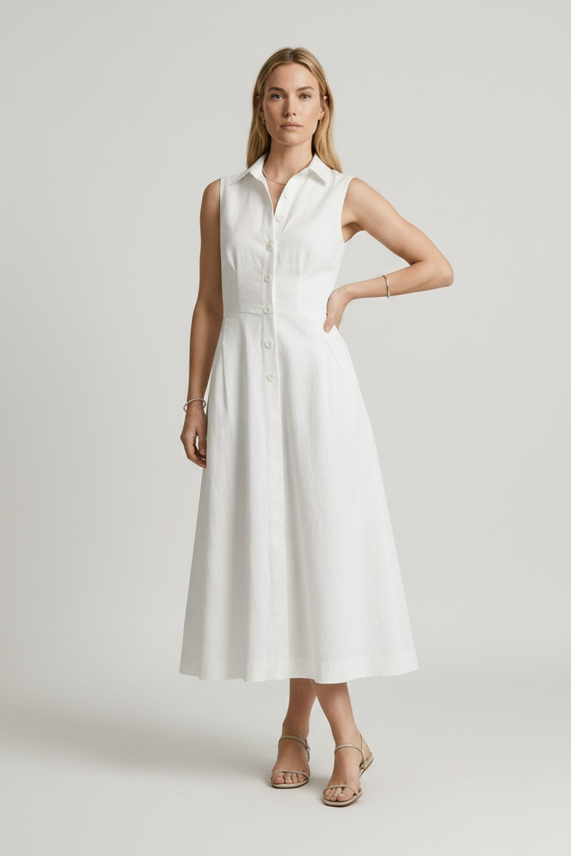 A woman stands in a studio wearing a sleeveless white midi shirt dress with a button front and side pockets, paired with beige strappy sandals against a light gray background.