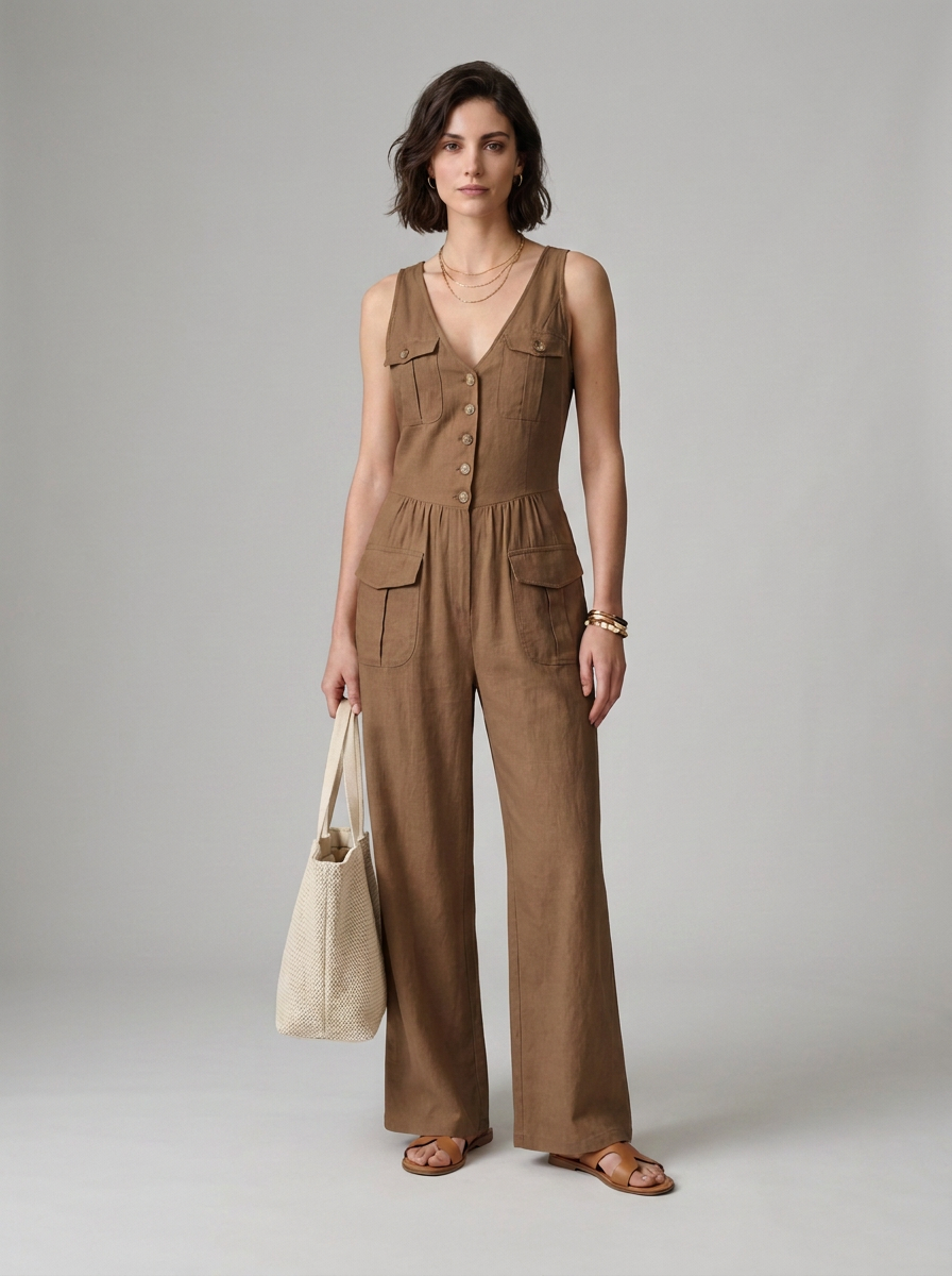 A woman stands in a studio wearing a sleeveless brown wide-leg jumpsuit with front buttons and flap pockets, holding a light beige tote bag. The background is a clean, neutral gray studio backdrop.