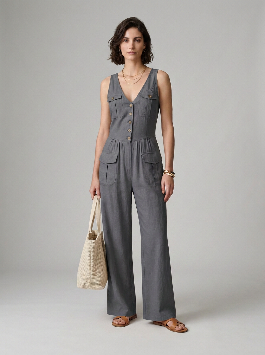 A woman models a gray sleeveless wide-leg jumpsuit with button details down the front and flap pockets. She is holding a beige canvas tote bag and wearing brown leather sandals against a neutral gray studio background.