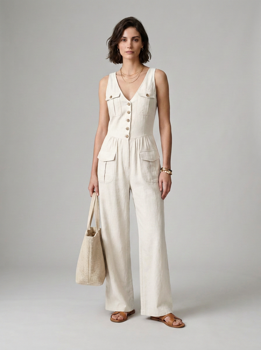 A woman models a sleeveless cream-colored jumpsuit with a buttoned V-neck bodice, front pockets, and wide legs, styled with a canvas tote bag and flat sandals against a neutral studio background.