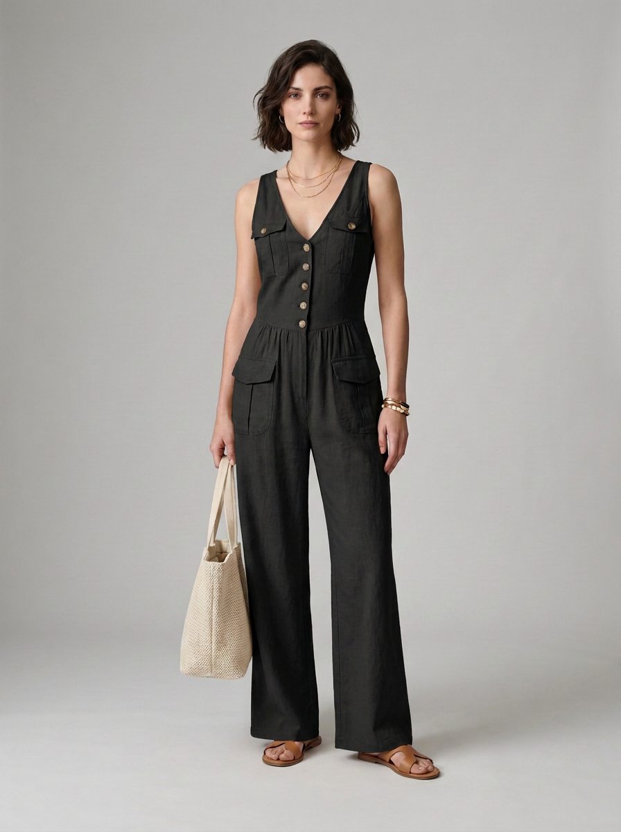 A woman models a black sleeveless wide-leg jumpsuit with gold-tone buttons down the front, holding a beige canvas tote bag against a neutral gray studio background.