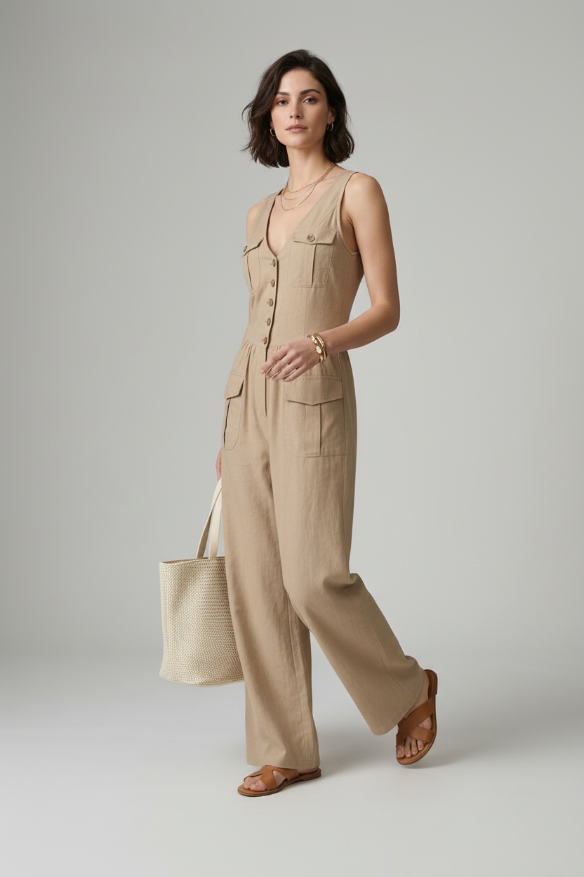 A woman models a sleeveless beige wide-leg jumpsuit with front buttons and flap pockets, holding a matching beige tote bag against a neutral gray studio background.
