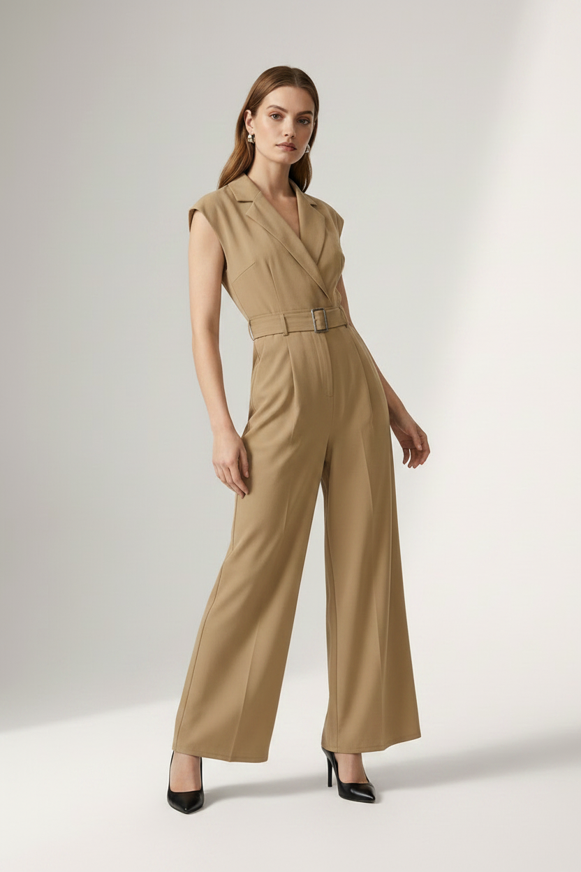 A woman modeling a sleeveless beige wide-leg jumpsuit with a matching belt and silver buckle, styled with black heels against a light gray studio background.