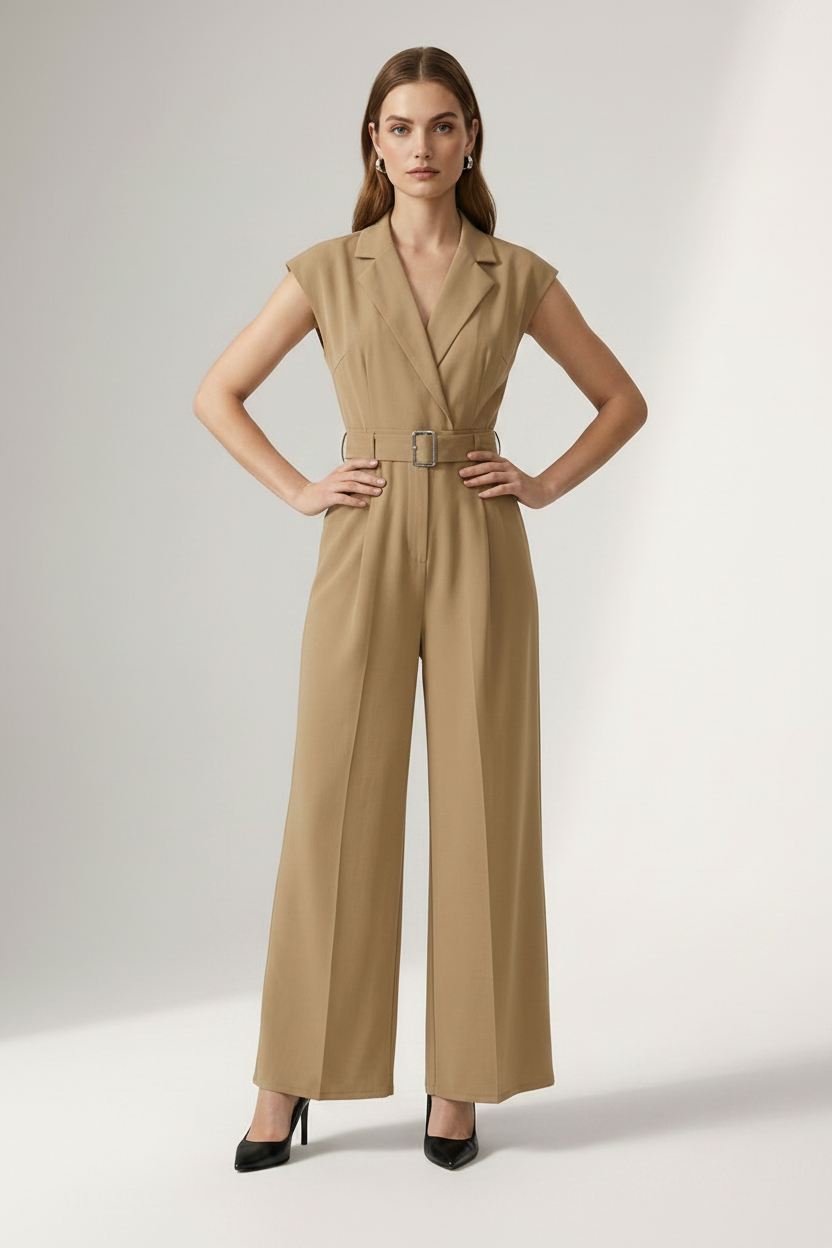 A woman modeling a sleeveless beige wide-leg jumpsuit with a matching belt and silver buckle, styled with black heels against a light gray studio background.