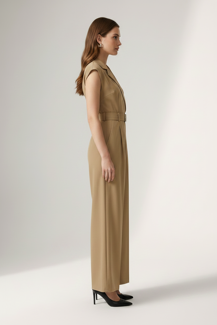 A woman modeling a sleeveless beige wide-leg jumpsuit with a matching belt and silver buckle, styled with black heels against a light gray studio background.