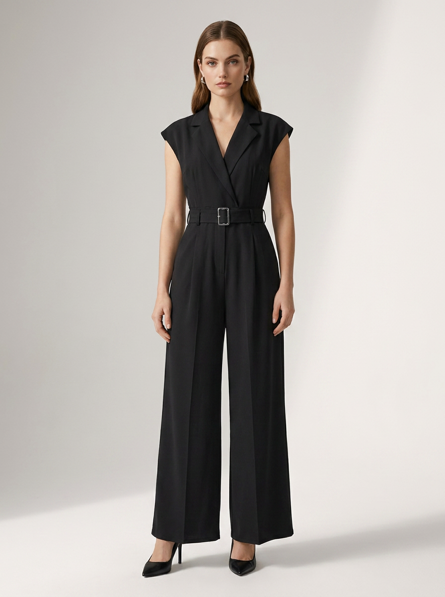 A woman modeling a black sleeveless wrap-style jumpsuit with a matching waist belt and silver buckle, photographed against a clean light gray studio background.