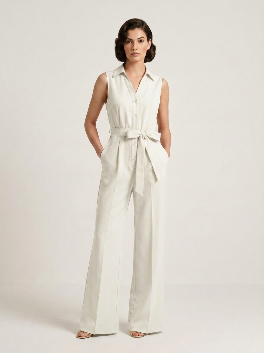 A woman modeling a sleeveless, off-white wide-leg jumpsuit with a button-down shirt collar and a matching waist tie, set against a plain light beige studio background.