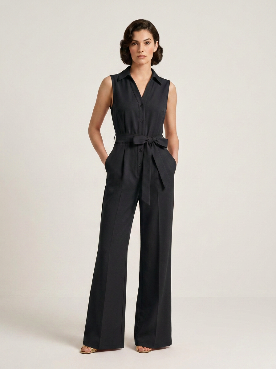 A woman modeling a black sleeveless wide-leg jumpsuit with a matching waist tie, standing against a plain light gray studio background.