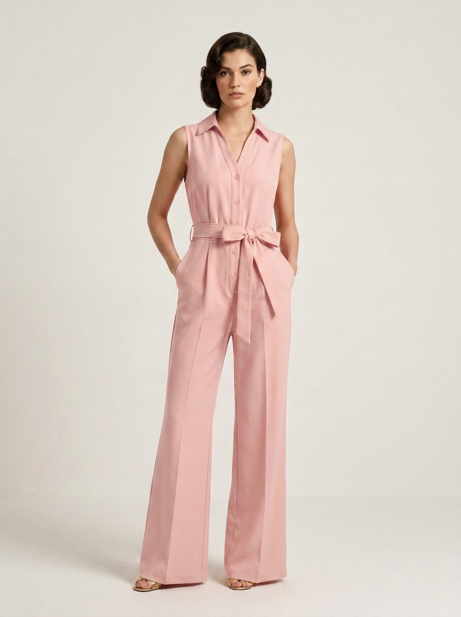 A woman modeling a light pink sleeveless jumpsuit with a collar, button front, tie waist, and wide legs, photographed against a plain light gray studio background.