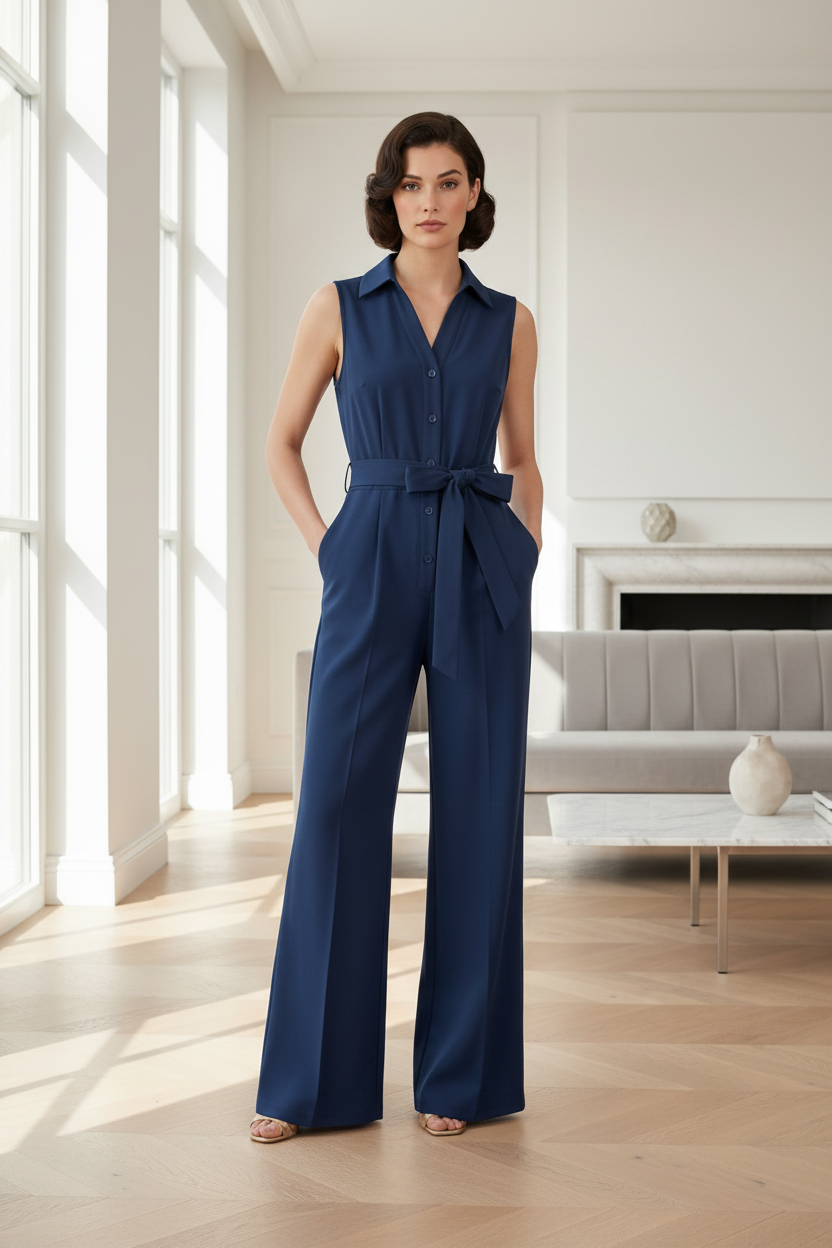 Sleeveless Wide-Leg Jumpsuit with Lapel Collar and Tie-Waist