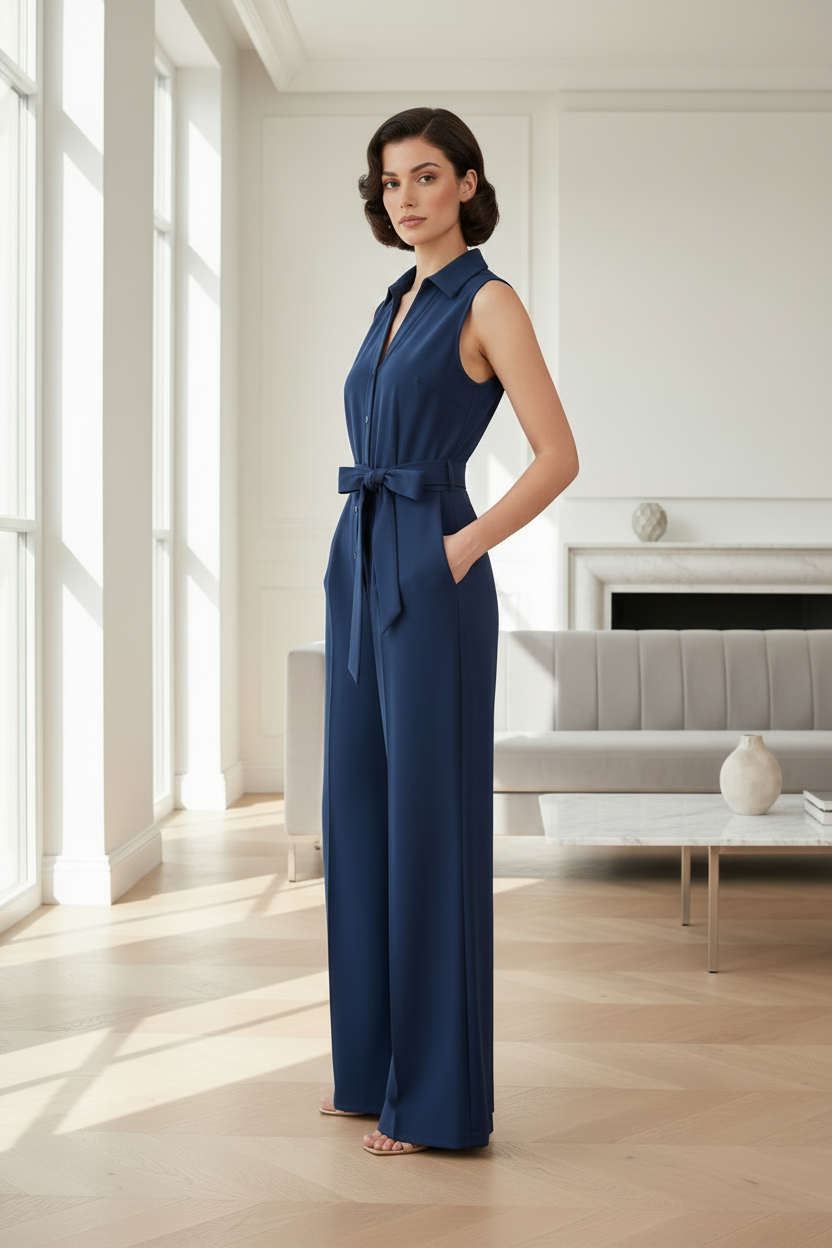 A woman stands in a bright, modern living room wearing a sleeveless navy blue wide-leg jumpsuit with a button-front bodice, waist tie, and side pockets.