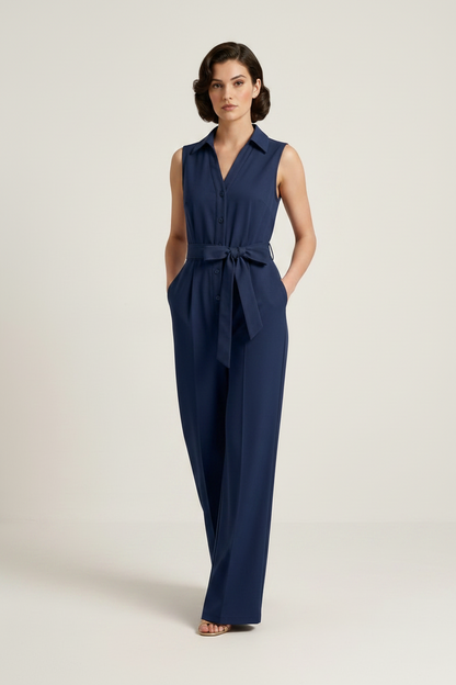 Sleeveless Wide-Leg Jumpsuit with Lapel Collar and Tie-Waist, walking pose