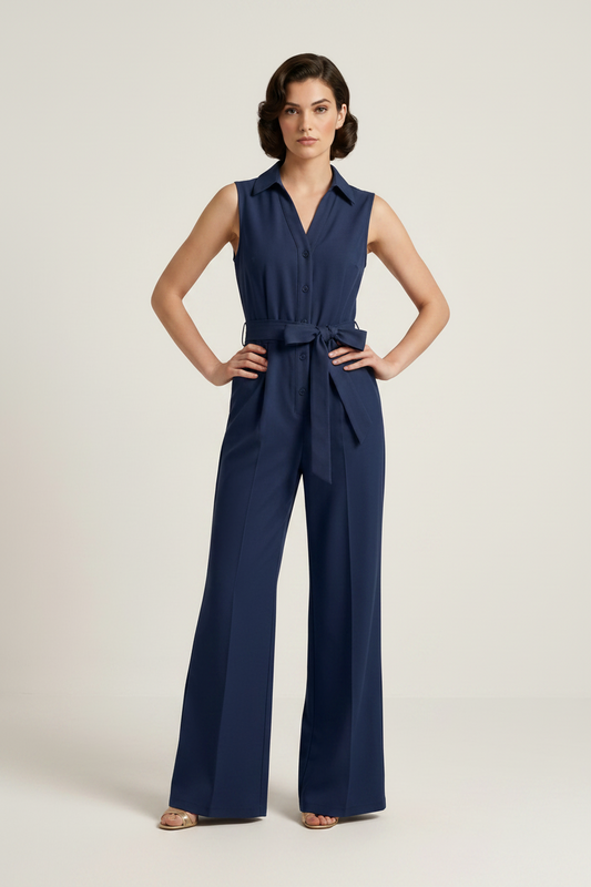 Sleeveless Wide-Leg Jumpsuit with Lapel Collar and Tie-Waist, front view