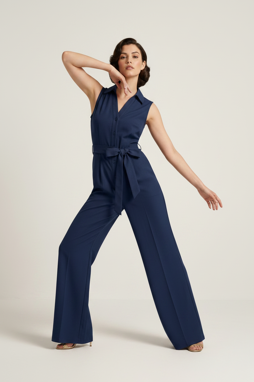 Sleeveless Wide-Leg Jumpsuit with Lapel Collar and Tie-Waist, styled pose