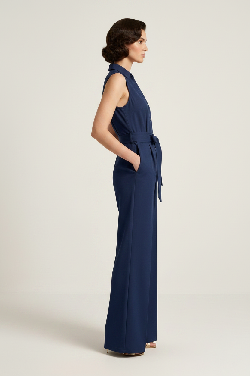 Sleeveless Wide-Leg Jumpsuit with Lapel Collar and Tie-Waist, side view