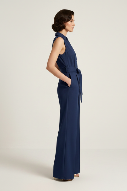 Sleeveless Wide-Leg Jumpsuit with Lapel Collar and Tie-Waist, side view
