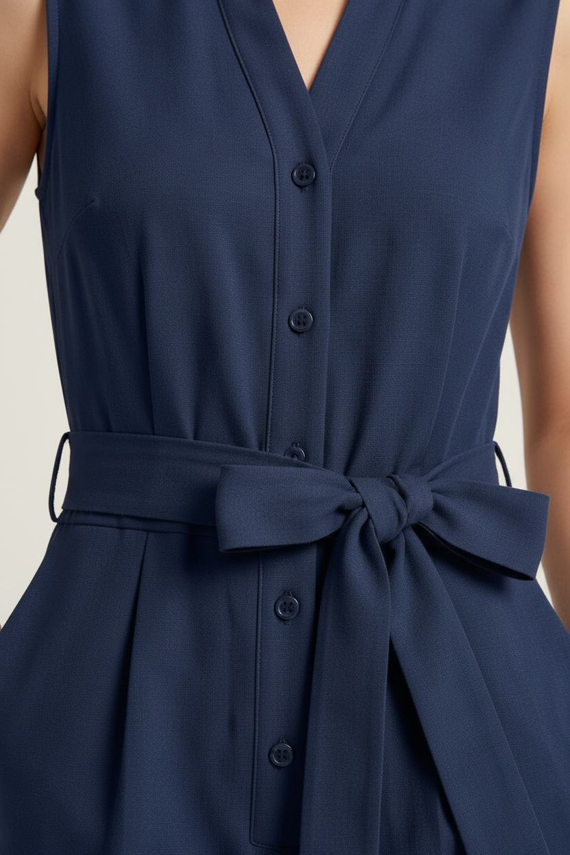 Sleeveless Wide-Leg Jumpsuit with Lapel Collar and Tie-Waist, detail close-up