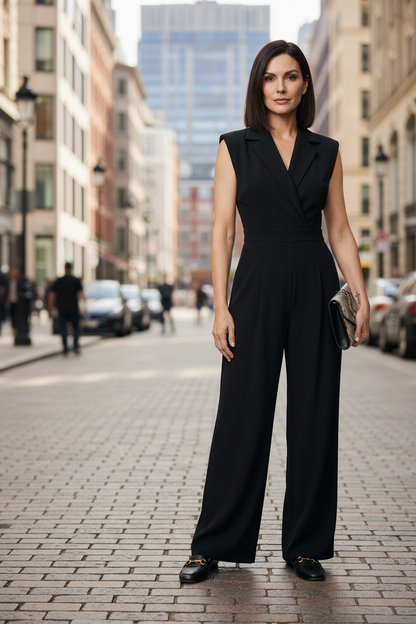 A woman modeling a black sleeveless wrap-style jumpsuit with wide legs, photographed against a plain light beige studio background. She is holding a small dark clutch and wearing black loafers.