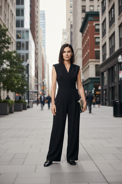 A woman modeling a black sleeveless wrap-style jumpsuit with wide legs, photographed against a plain light beige studio background. She is holding a small dark clutch and wearing black loafers.