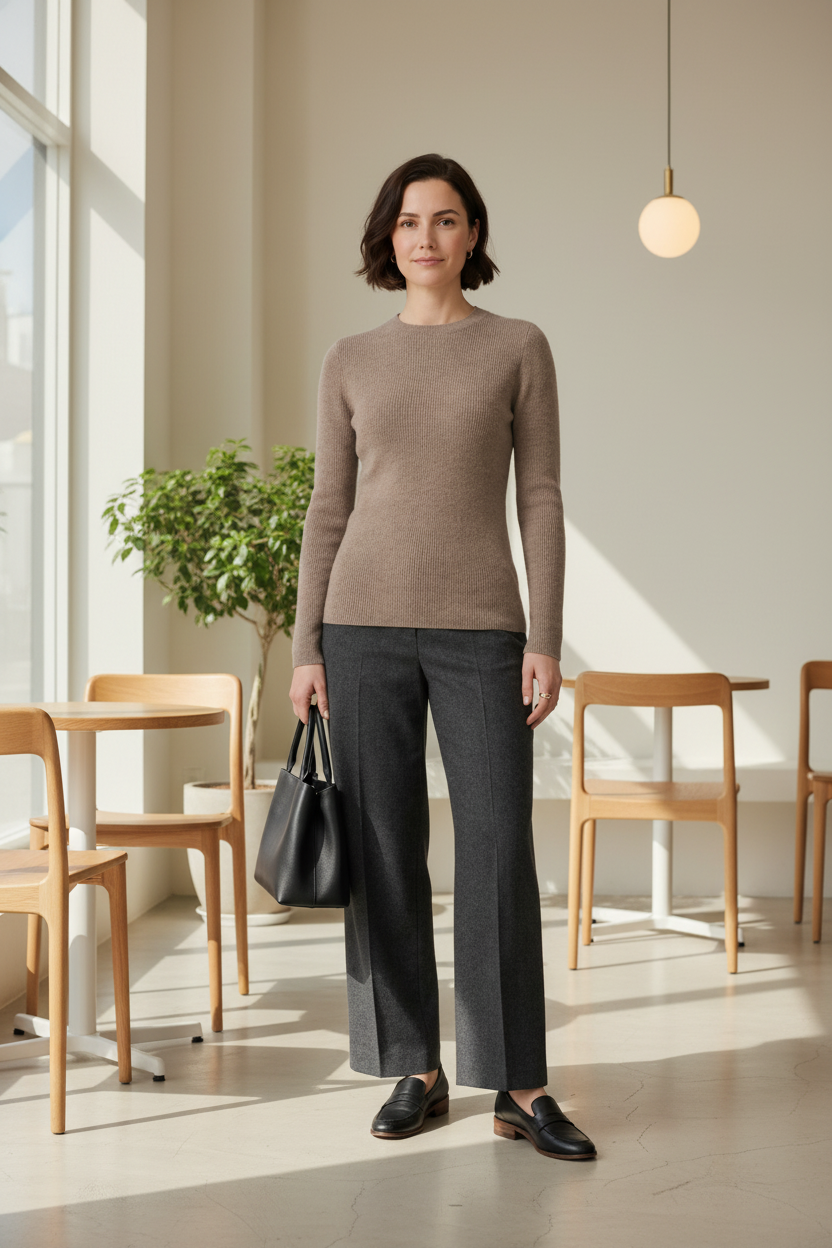 A woman stands against a plain light gray studio background wearing a taupe knit sweater, dark charcoal wide-leg trousers, black loafers, and holding a black tote bag.