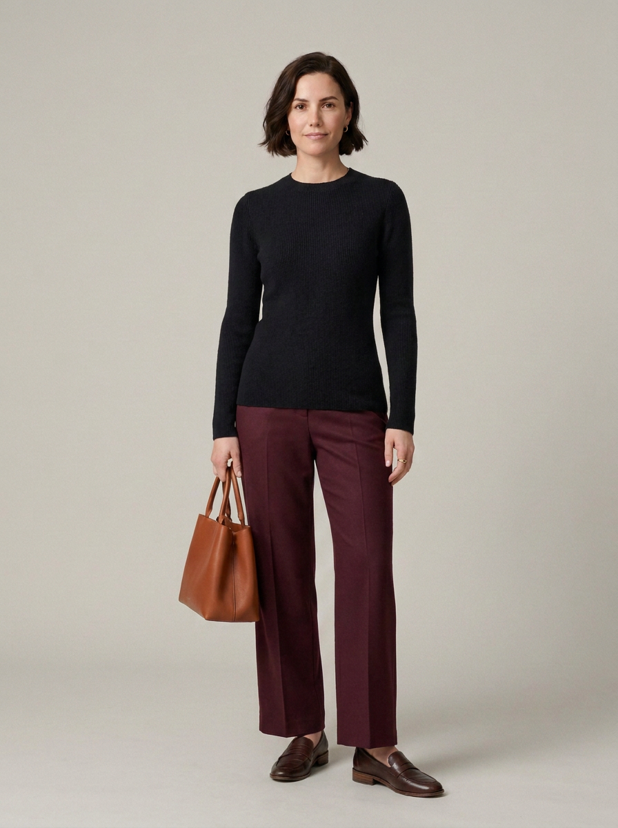 A woman stands against a plain light beige studio background wearing a black long-sleeve knit top, burgundy wide-leg trousers, and brown leather loafers, while holding a brown tote bag.
