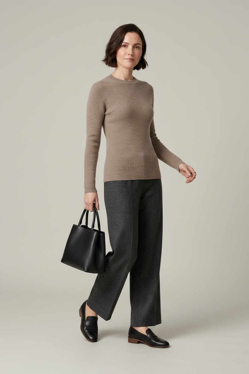 A woman stands against a plain light gray studio background wearing a taupe knit sweater, dark charcoal wide-leg trousers, black loafers, and holding a black tote bag.