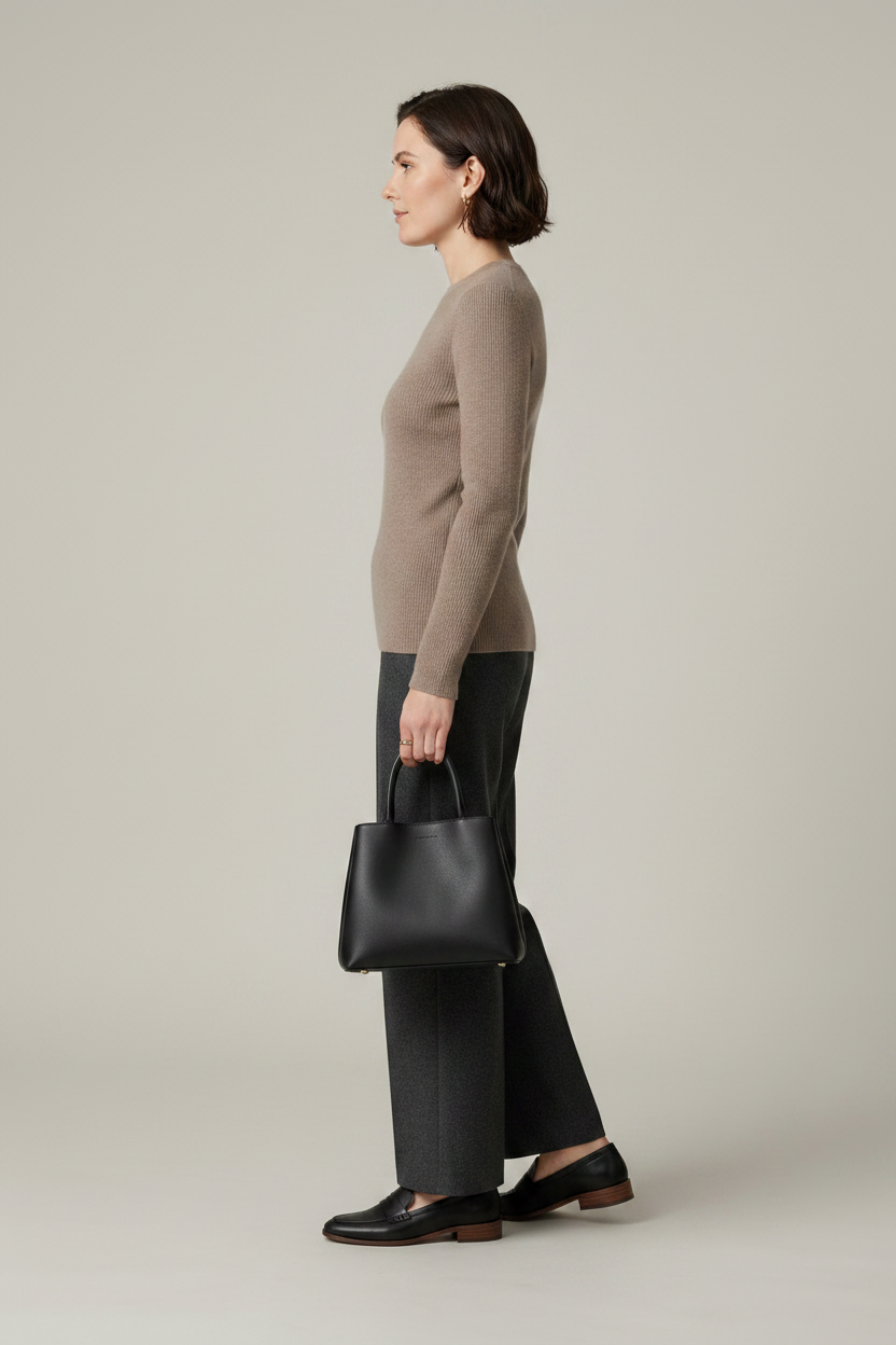 A woman stands against a plain light gray studio background wearing a taupe knit sweater, dark charcoal wide-leg trousers, black loafers, and holding a black tote bag.