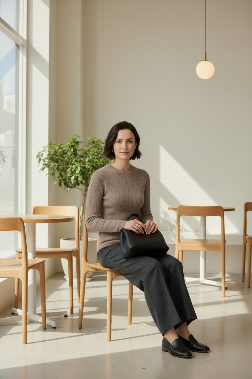 A woman stands in a bright, modern indoor setting wearing a fitted taupe knit sweater, dark charcoal wide-leg trousers, black loafers, and holding a black tote bag.