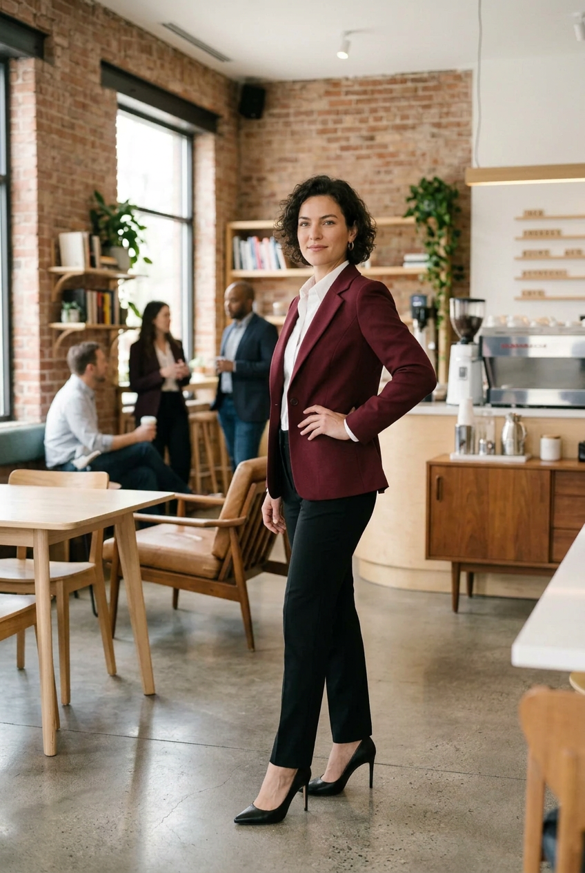 A woman in a burgundy blazer, white shirt, and black trousers walks through a modern coffee shop holding a smartphone.
